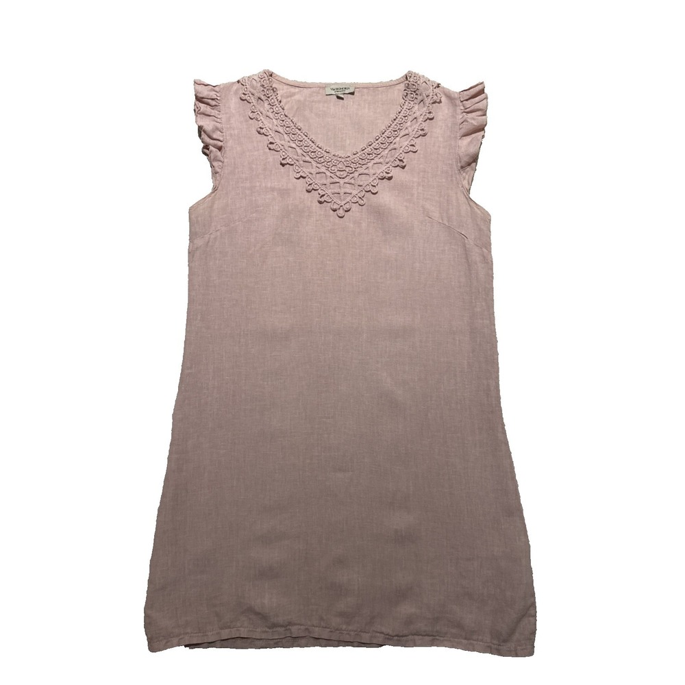 Linen Via Signoria Pink Shift dress Sleeveless Crochet  Women Size S peasant